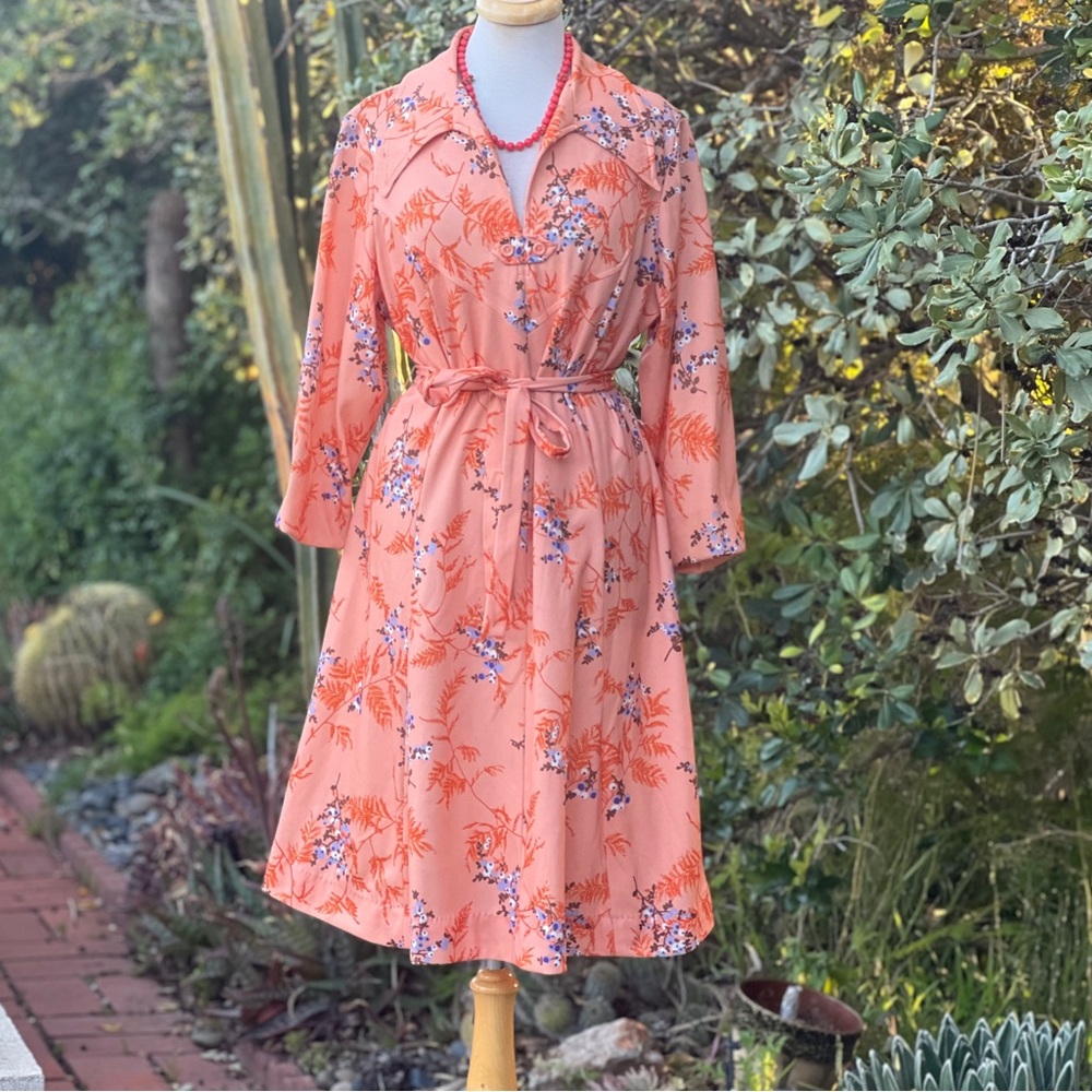 Vintage Handmade Sherbet Orange Floral Dress|plus size - Picture 2 of 11